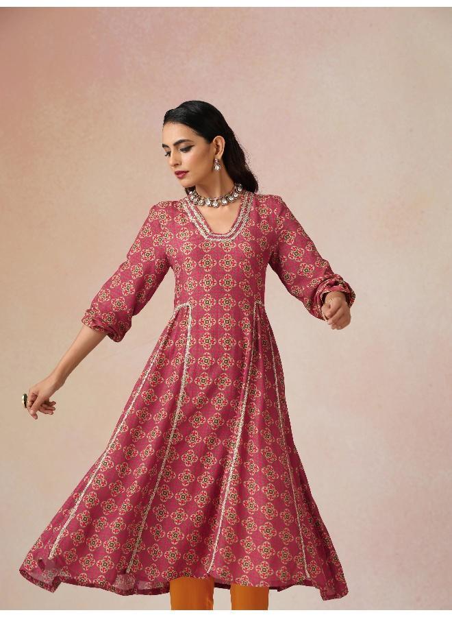 trueBrowns Pink Print Viscose Fit And Flared Kurta Set - Image 4
