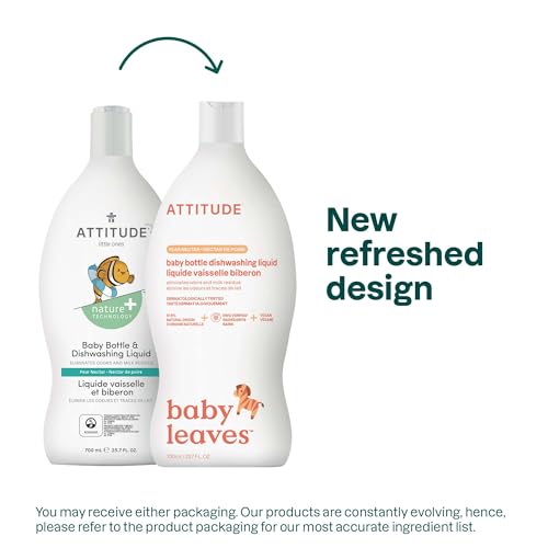 ATTITUDE Baby Dish Soap and Bottle Cleaner, EWG Verified Dishwashing Liquid, No Added Dyes or Fragrances, Tough on Milk Residue and Grease, Vegan, Pear Nectar, 23.7 Fl Oz - Image 2