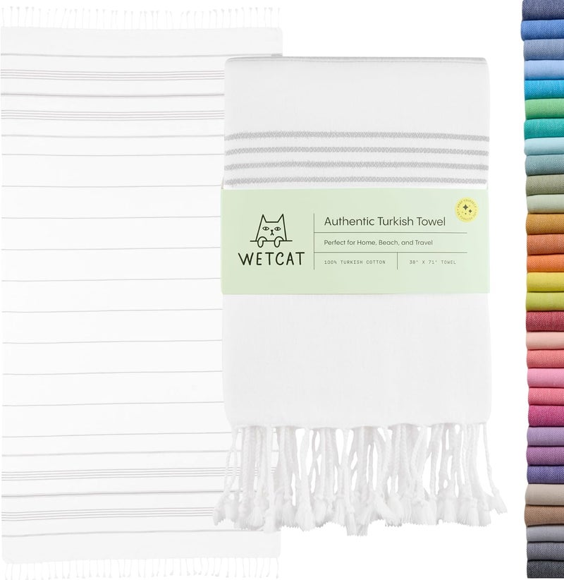 ويت كات منشفة شاطئ تركية WETCAT كبيرة الحجم (38"×71") 100% قطن تركي، مصنوعة في تركيا - خالية من الرمال، كبيرة جدًا، فائقة النعومة، سريعة الجفاف، مدمجة وخفيفة للسفر - رمادي وأبيض - Image 1