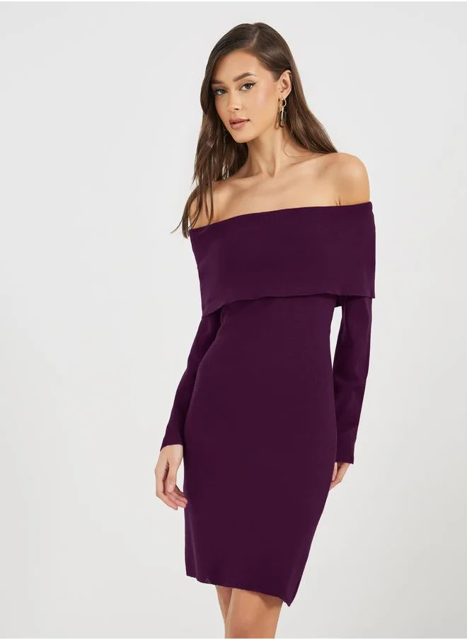 Styli Plain Off Shoulder Sweater Mini Dress