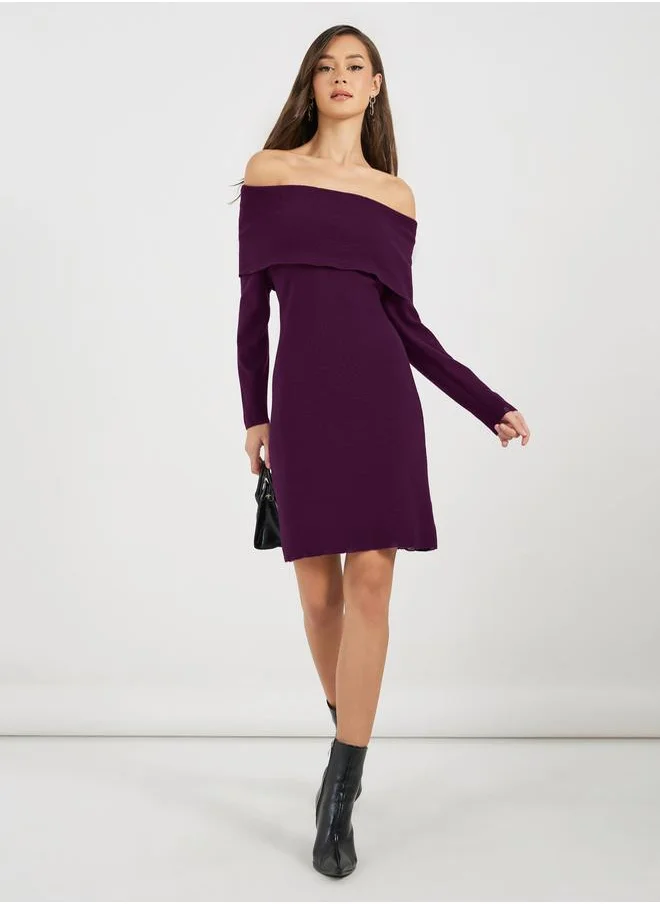 Styli Plain Off Shoulder Sweater Mini Dress