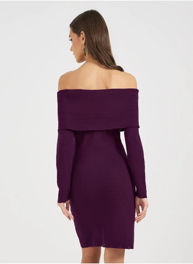 Styli Plain Off Shoulder Sweater Mini Dress