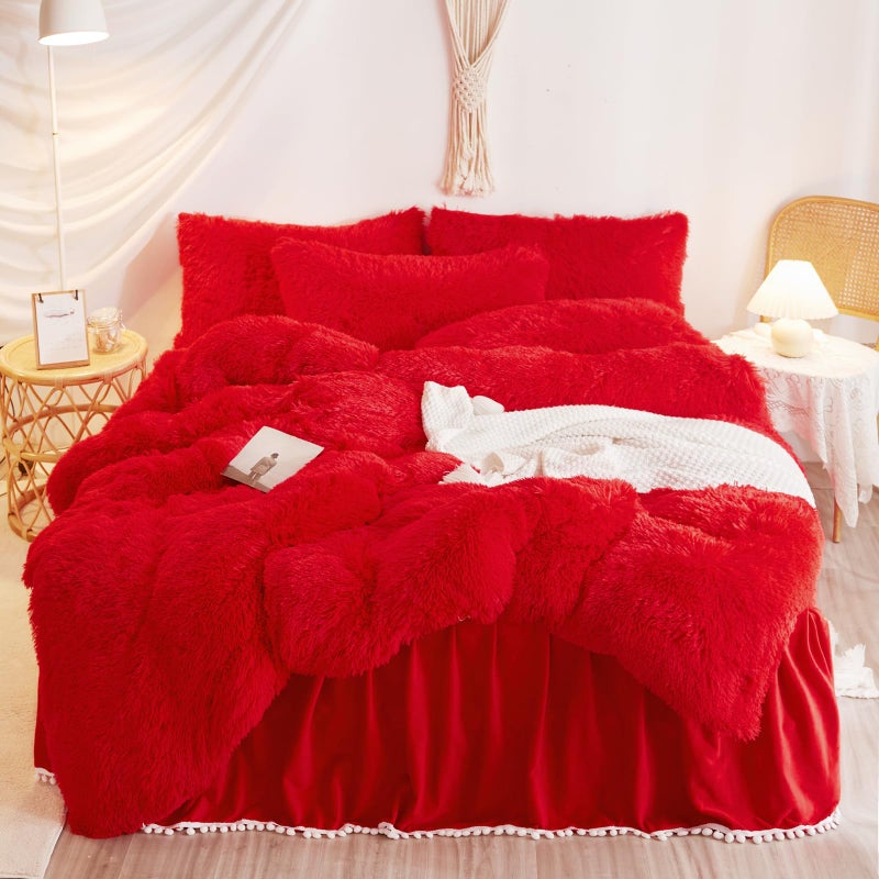 HAIHUA Plush Red Comforter Cover Queen Set Soft Shaggy Faux Fur Red Bedding Queen Set 3 Pieces 1 Fluffy Duvet Cover  2 Fuzzy Pillow Cases Furry Bed Set Zipper Closure