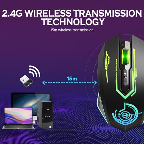 UHURU Wireless Gaming Mouse Up to 12000 DPI, Rechargeable USB-C Wireless Mouse with 7 Buttons 7 Dynamic LED Color Ergonomic Programmable MMO RPG for PC Laptop, Compatible with Windows Mac - Image 2