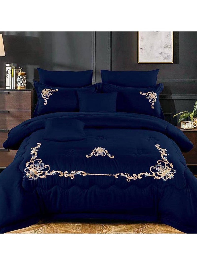 طقم لحاف مقاس كينج، 6 قطع، تصميم مطرز، لحاف مقاس 220x240 سم، شرشف مطاطي مقاس 200x200 سم، غطاء وسادة مقاس 50x75 سم