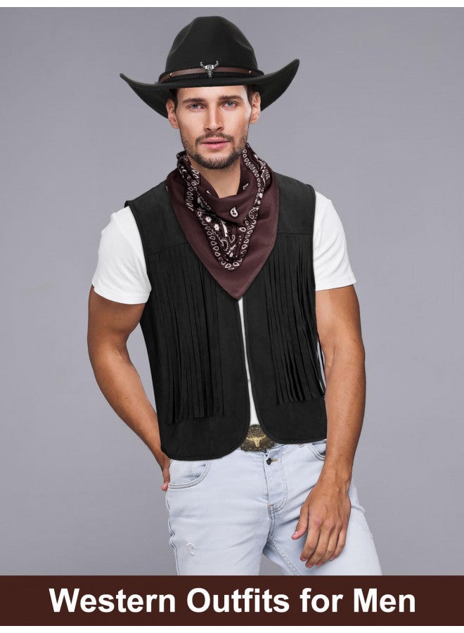 Toulite Toulite 4 Pcs Western Outfits for Men Cowboy Tassel Vest Hat Belt Buckle Paisley Bandana for Halloween Cosplay (Black,Black,Coffee,Medium)  - Image 1