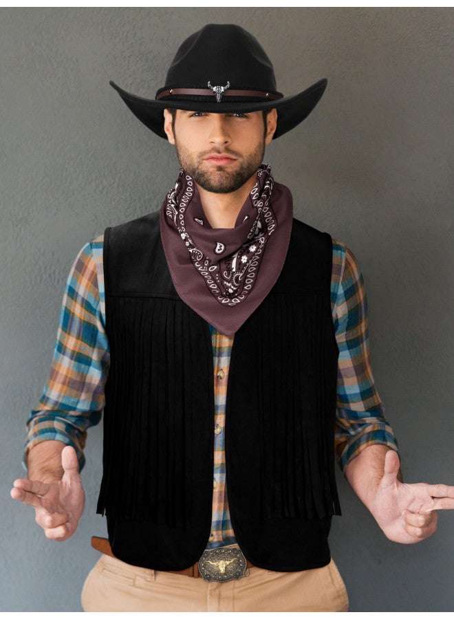 Toulite Toulite 4 Pcs Western Outfits for Men Cowboy Tassel Vest Hat Belt Buckle Paisley Bandana for Halloween Cosplay (Black,Black,Coffee,Medium)  - Image 3