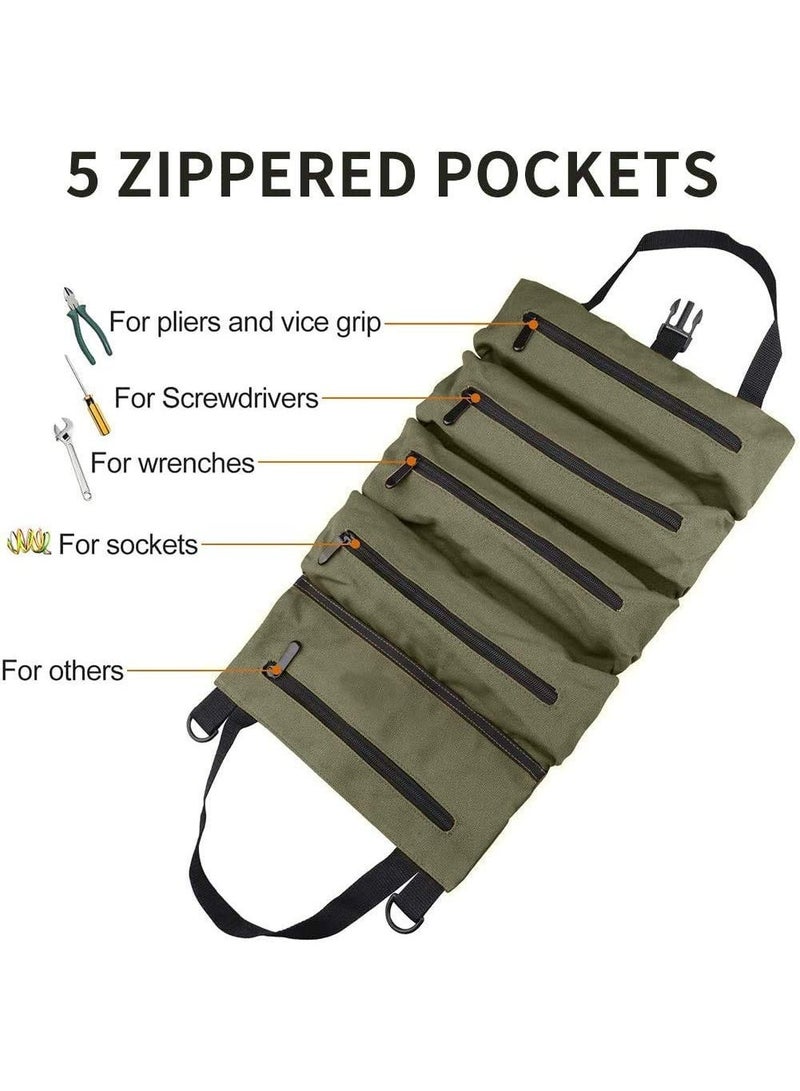 jaexest Multi-Purpose Roll-Up Tool Bag, Waterproof Canvas Storage Case | Ideal for Car Repair, Camping Gear, Emergency Tools, Workshop & Home Organization | 5 Zippered Pockets, Large Capacity | Practical Gift for Men | Size 49 x 29 cm / 19 x 11 Inch - Image 4