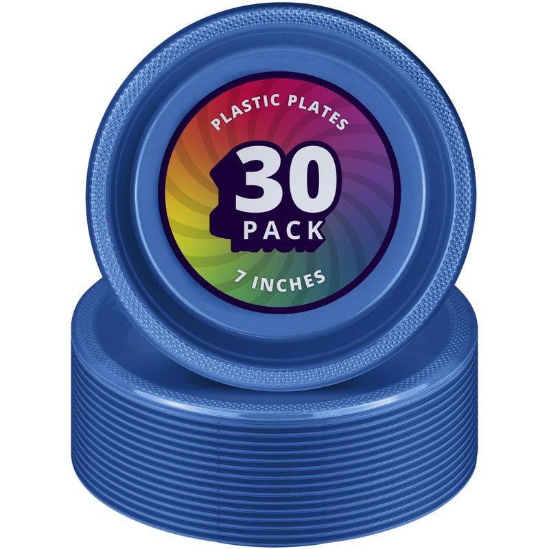 DecorRack 30 Small Plastic Plates Heavy Duty 7 inch Disposable Party Ware for Kids Birthday Cake Dessert Plates Holiday Tableware Blue Pack of 30
