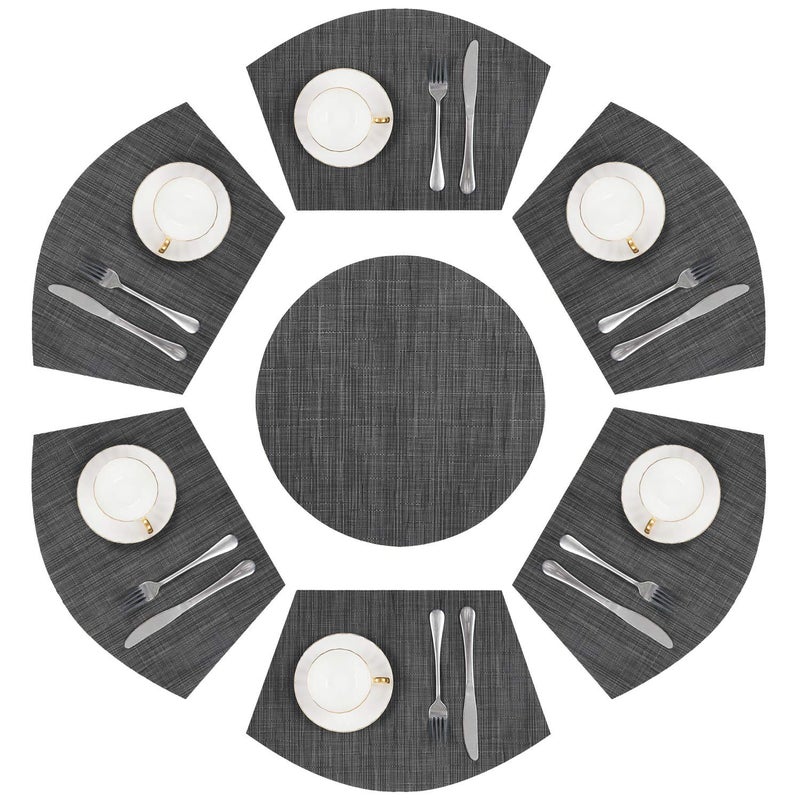 SHACOS Round Table Placemats Set of 7 Wedge Shaped Place Mat with Centerpiece Round Mat Heat Resistant Table Mats Washable 7 Black Gray