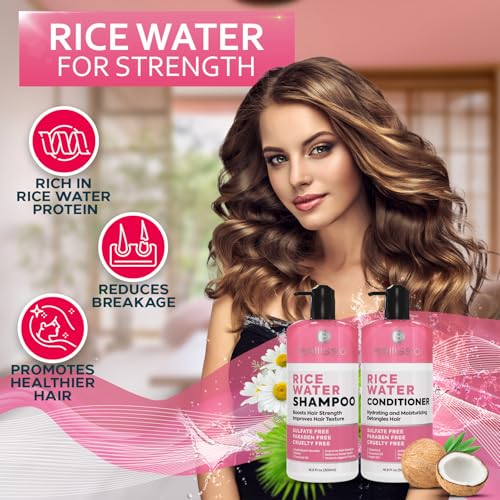 BELLISSO Rice Water Shampoo and Conditioner Set - Sulfate Free for Thin and Fine Hair - Fuller, Thickening Formula for Women and Men - With Strengthening Saw Palmetto - Anti Thinning, Volumizing for Thick Hair - Image 2