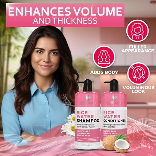 BELLISSO Rice Water Shampoo and Conditioner Set - Sulfate Free for Thin and Fine Hair - Fuller, Thickening Formula for Women and Men - With Strengthening Saw Palmetto - Anti Thinning, Volumizing for Thick Hair - Image 5