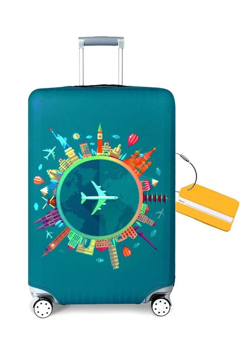 Excefore - Travel Luggage Cover, Spandex Elastic Stretch Fabric, Cover for Suitcase Luggage Protector Premium Elasticated, Washable Luggage Trolley Case, For 26-28 Inch Luggage (L, Green-Plane) - Image 1