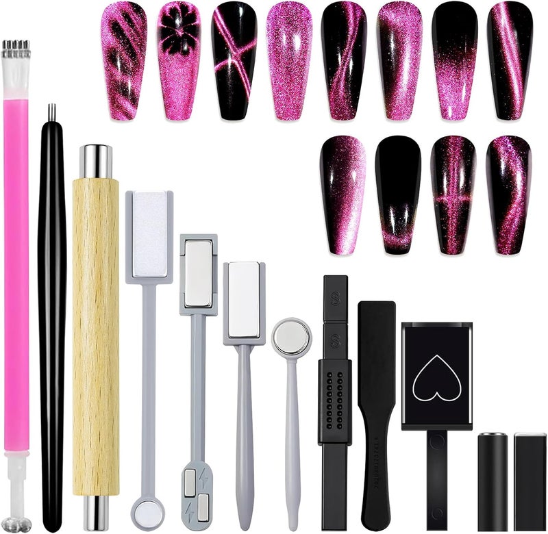 Laza 12 Pcs Nail Magnet Set Super Strong Cylinder Magnet Heart Magnet for Nails Doublehead Magnet Wands for Magnetic Nails 9D Galaxy Cat Eye Nail Art Magnetic Nail Polish