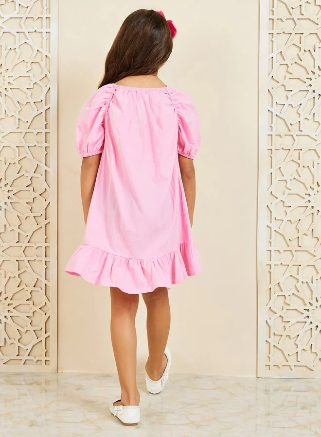 Styli Solid Drop Waist Dress with Puff Sleeves