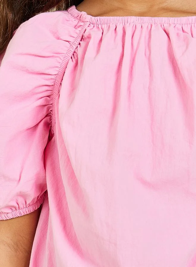 Styli Solid Drop Waist Dress with Puff Sleeves