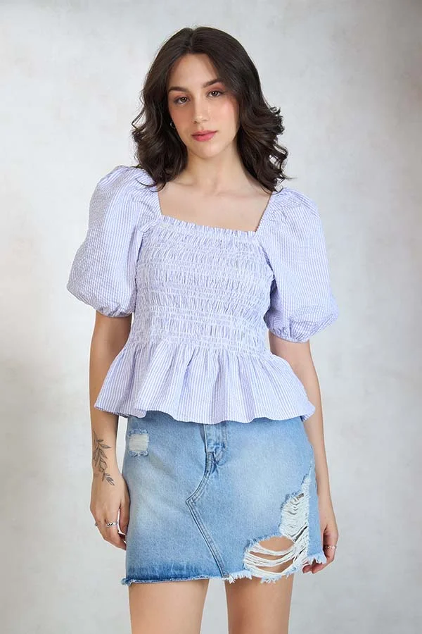 Virgio VIRGIO 100% Cotton Smocked Striped Top