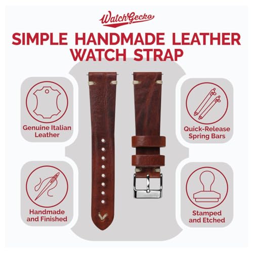 WatchGecko Vintage Simple Handmade Certified Genuine Italian Leather Replacement Watch Strap. Stylish and Durable Mens Wristwatch Strap. Simple double stitching. Easy to fit. Reddish Brown, 20 mm - Image 2