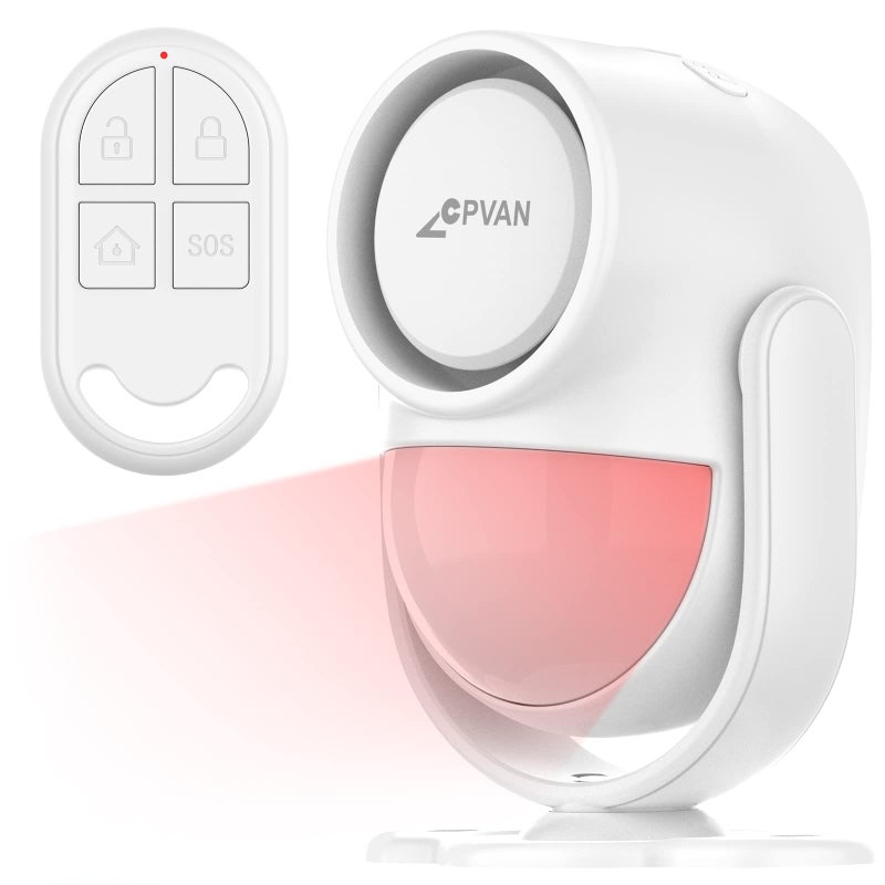 CPVAN 125dB Loud Motion Sensor Alarm with 328ft Remote Control (40ft PIR Detector, Batteries), Indoor Wireless Infrared Security Motion Detector with Siren for Home Garage Van (CP2 Pro, Whtie) - Image 1