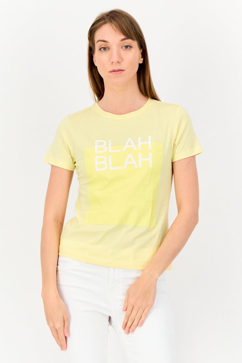 ONLY Women Crew Neck Short Sleeve Graphic Print Top, Light Yellow - Image 1