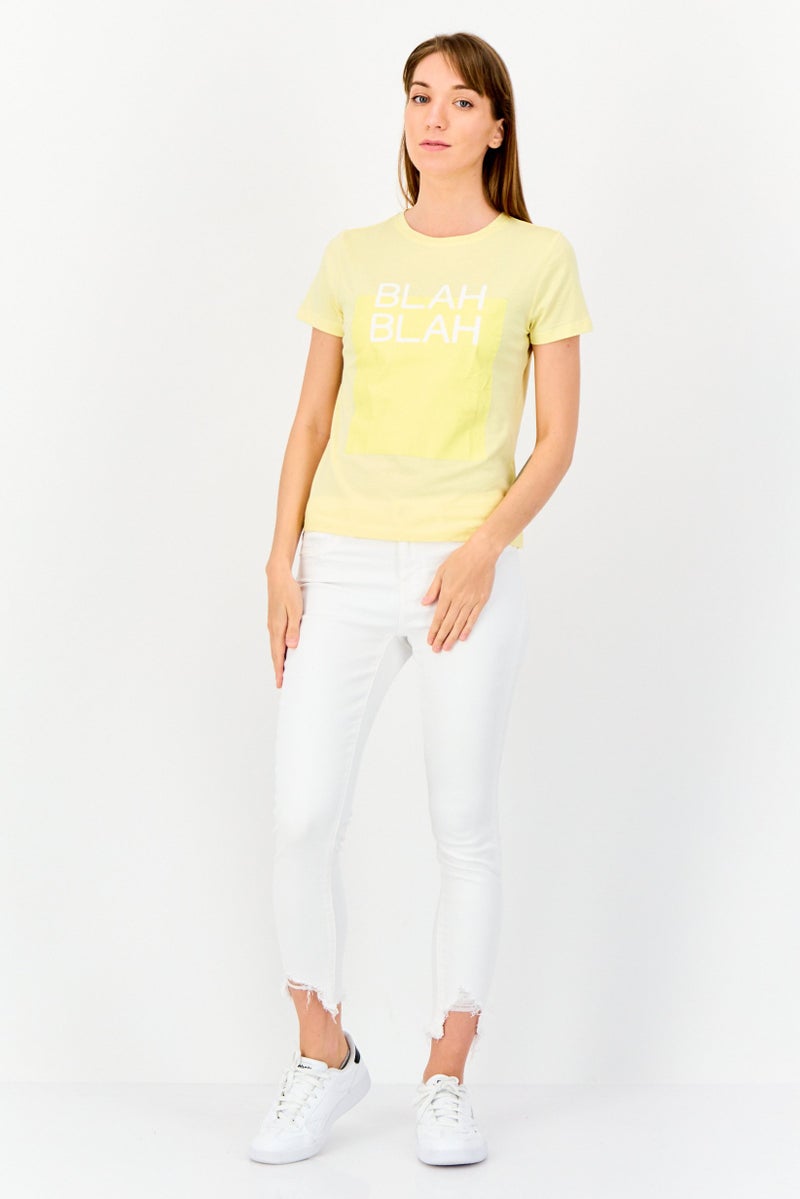 ONLY Women Crew Neck Short Sleeve Graphic Print Top, Light Yellow - Image 4