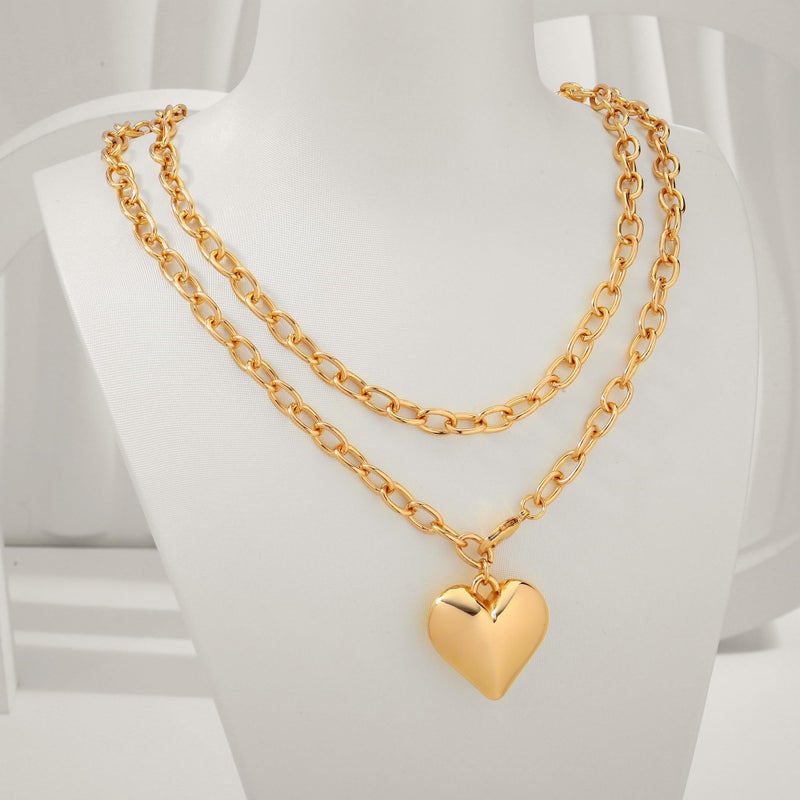 WOWORAMA Gold Heart Necklace for Women Double Layered Puffy Heart Pendant Necklace Trendy Long Chunky Statement Gold Necklaces - Image 2