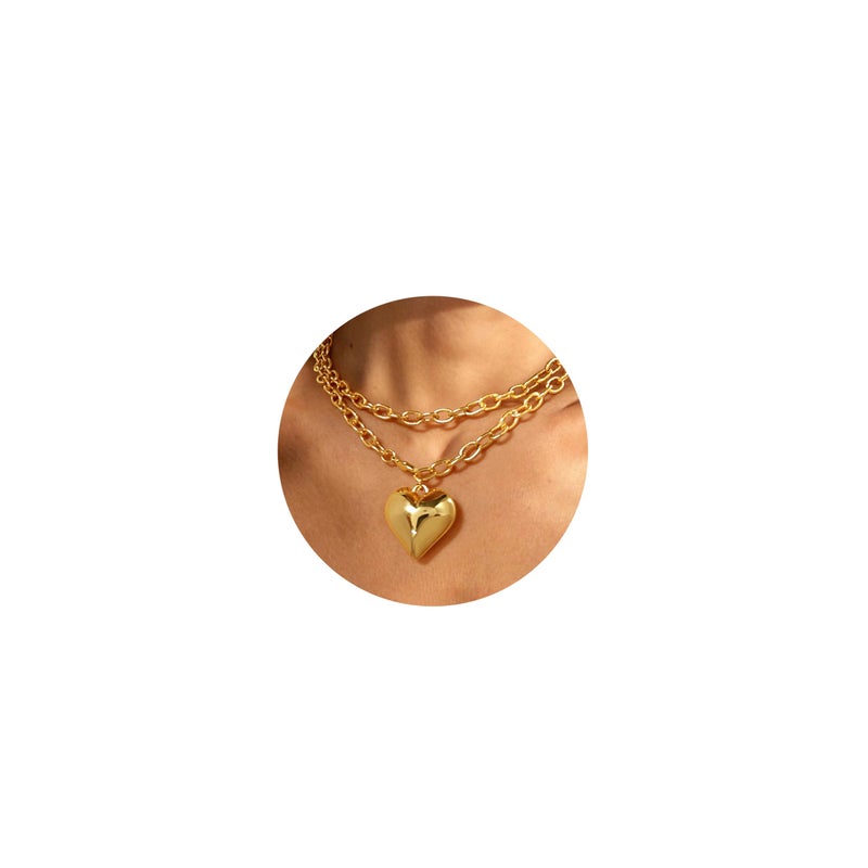 WOWORAMA Gold Heart Necklace for Women Double Layered Puffy Heart Pendant Necklace Trendy Long Chunky Statement Gold Necklaces - Image 1