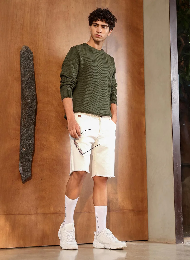 Campus Sutra Campus Sutra Men's Army Green Basket-Jacquard Knit Pullover Sweater | Round Neck , Ribbed Cuff Sleeves , Pull On Closure , Ribbed-Straight Hem | Solid Jacquard For Casual & Daily Wear