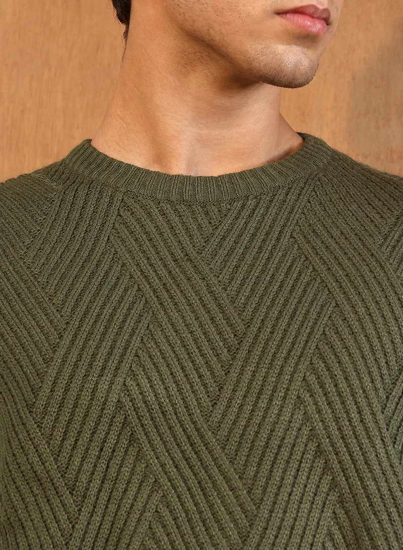 Campus Sutra Campus Sutra Men's Army Green Basket-Jacquard Knit Pullover Sweater | Round Neck , Ribbed Cuff Sleeves , Pull On Closure , Ribbed-Straight Hem | Solid Jacquard For Casual & Daily Wear