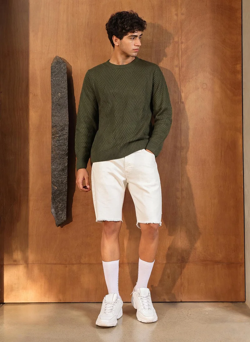 Campus Sutra Campus Sutra Men's Army Green Basket-Jacquard Knit Pullover Sweater | Round Neck , Ribbed Cuff Sleeves , Pull On Closure , Ribbed-Straight Hem | Solid Jacquard For Casual & Daily Wear