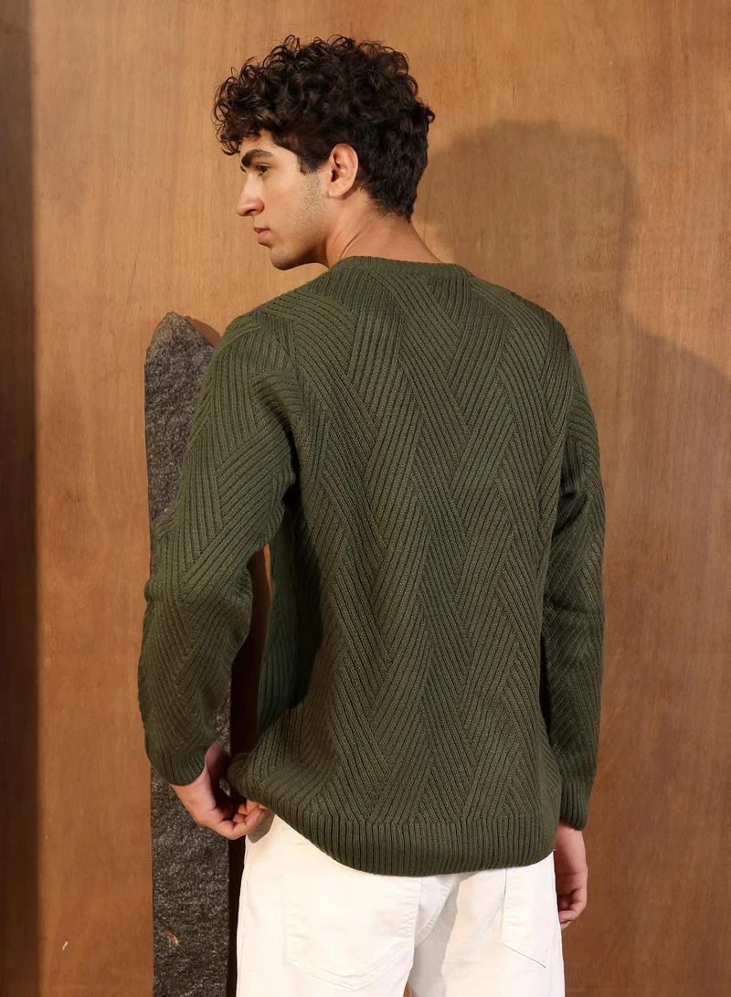 Campus Sutra Campus Sutra Men's Army Green Basket-Jacquard Knit Pullover Sweater | Round Neck , Ribbed Cuff Sleeves , Pull On Closure , Ribbed-Straight Hem | Solid Jacquard For Casual & Daily Wear