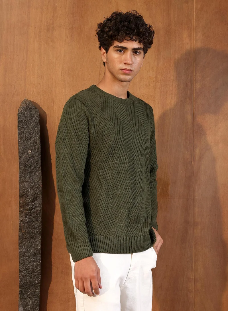 Campus Sutra Campus Sutra Men's Army Green Basket-Jacquard Knit Pullover Sweater | Round Neck , Ribbed Cuff Sleeves , Pull On Closure , Ribbed-Straight Hem | Solid Jacquard For Casual & Daily Wear
