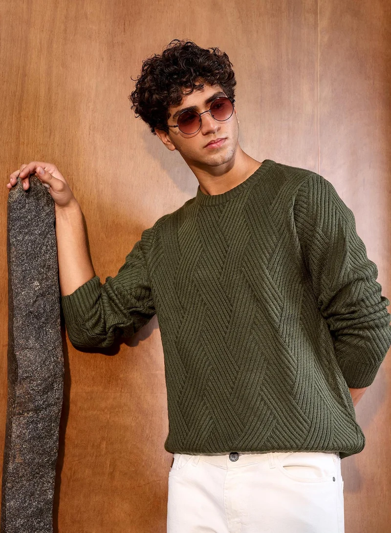 Campus Sutra Campus Sutra Men's Army Green Basket-Jacquard Knit Pullover Sweater | Round Neck , Ribbed Cuff Sleeves , Pull On Closure , Ribbed-Straight Hem | Solid Jacquard For Casual & Daily Wear