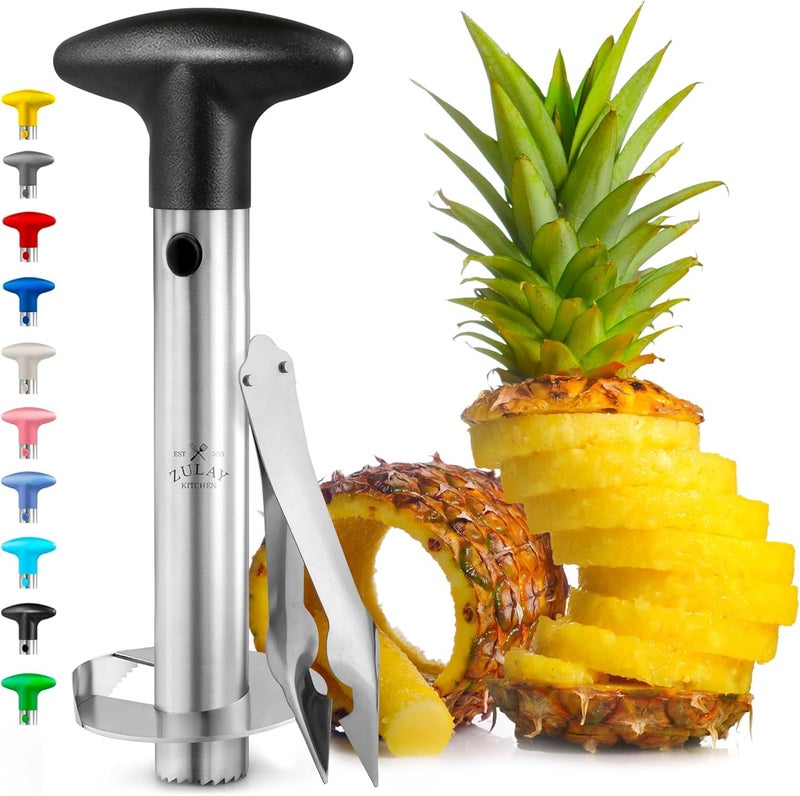 Zulay Kitchen Stainless Steel Pineapple Corer  Slicer  HeavyDuty Pineapple Cutter with Reinforced Blade  Eye Removal Tool  Effortless Pineapple Core Remover  Slicer  Black