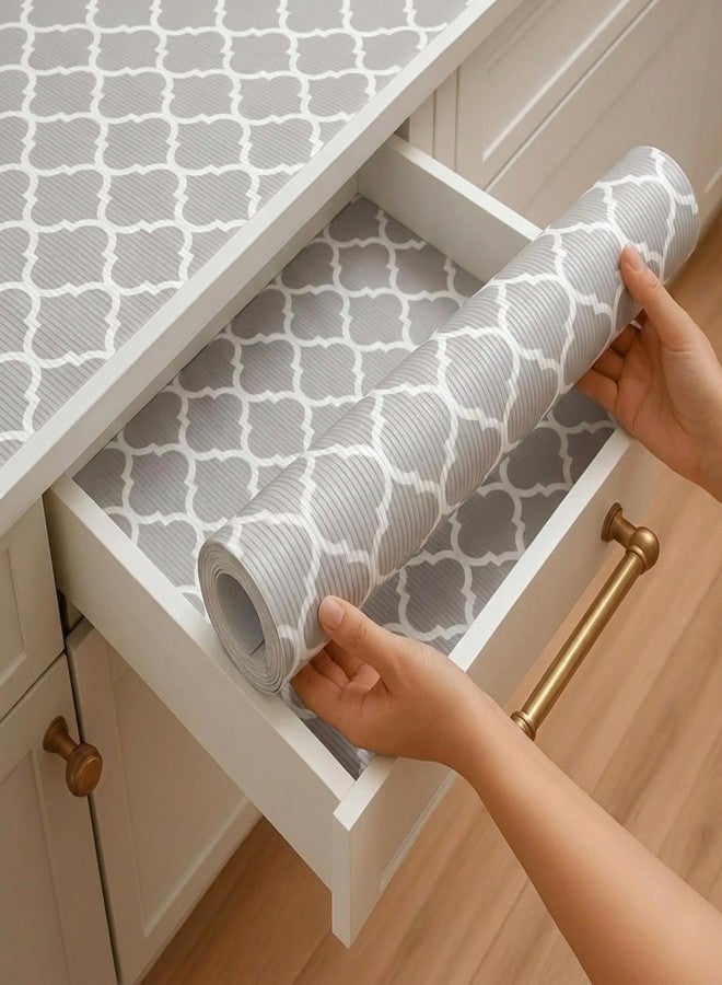 SUBETE Anti-Slip Waterproof Kitchen Drawer Liner | Non-Adhesive Shelf & Cabinet Mats | Anti-Skid Liner for Wardrobe, Cupboard, and Fridge | 45 cm x 300 cm (Grey Quatrefoil Pattern) - Image 1