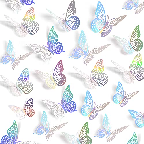 SAOROPEB 3D Butterfly Wall Decor, 72 Pcs 3 Styles 3 Sizes, Removable Metallic Wall Sticker Room Mural Decals for Kids Bedroom Nursery Classroom Party Decoration Wedding Decor DIY Gift (Laser) - Image 1