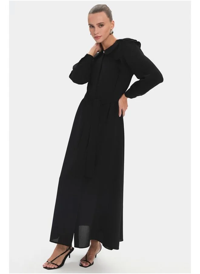 جون June Women Baby Neck Ruffle Detail Belted Dress Black