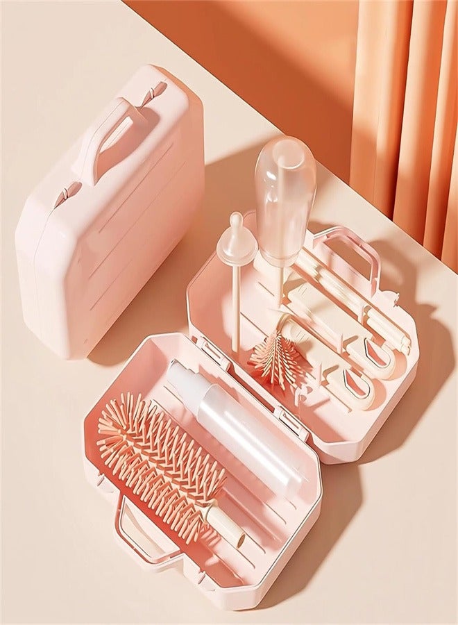 6 in 1 Bottle Cleaning Brush Set, Travel Baby Bottle Brush Cleaner Set with Silicone Bottle Brush Nipple Cleaner Brush Straw Brush Soap Dispenser Storage Box Bottle Drying Rack - Image 5