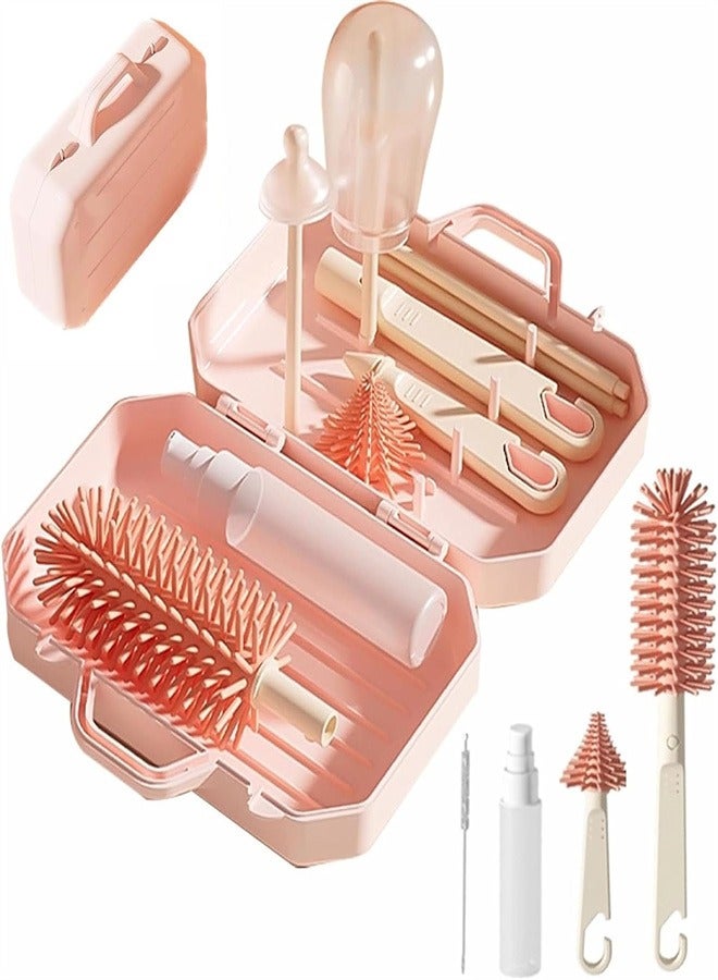6 in 1 Bottle Cleaning Brush Set, Travel Baby Bottle Brush Cleaner Set with Silicone Bottle Brush Nipple Cleaner Brush Straw Brush Soap Dispenser Storage Box Bottle Drying Rack - Image 1