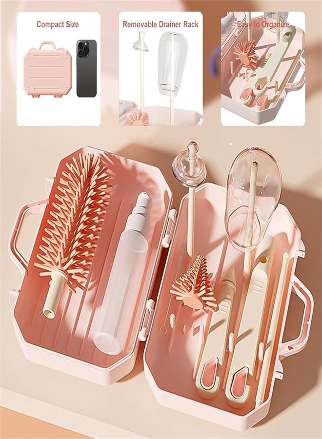 6 in 1 Bottle Cleaning Brush Set, Travel Baby Bottle Brush Cleaner Set with Silicone Bottle Brush Nipple Cleaner Brush Straw Brush Soap Dispenser Storage Box Bottle Drying Rack - Image 3