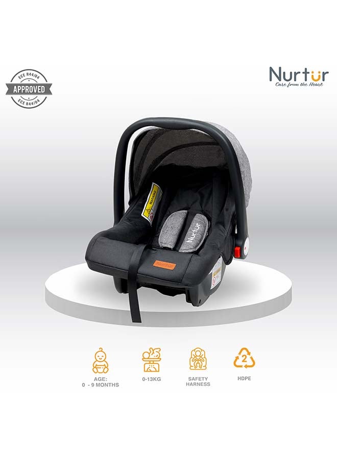 Nurtur Plus Travel System - Stroller with Baby Carrier, 0 36 months, Storage Basket, Detachable Bumper, 5 Point Safety Harness, Compact Foldable Design, Grey
