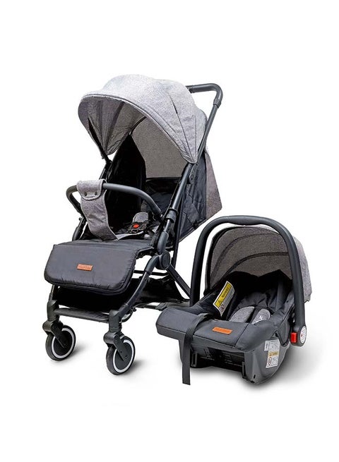 Nurtur Plus Travel System - Stroller with Baby Carrier, 0 36 months, Storage Basket, Detachable Bumper, 5 Point Safety Harness, Compact Foldable Design, Grey