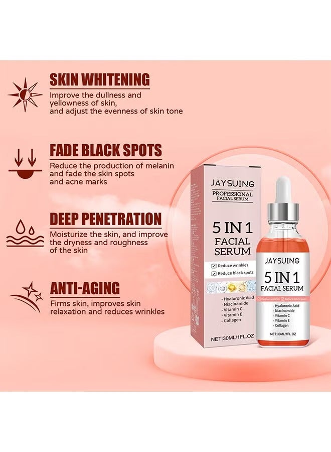 جايسوينغ 5 في 1 مصل الوجه ، مع حمض الهيالورونيك ، نياسيناميد ، فيتارمين سي ، فيتارمين إي ، الكولاجين ، لترطيب مصل الوجه المشرق مصل الوجه المضاد للشيخوخة للبقع المظلمة ، الخطوط الدقيقة والتجاعيد البشرة الناعمة 3 - Image 5