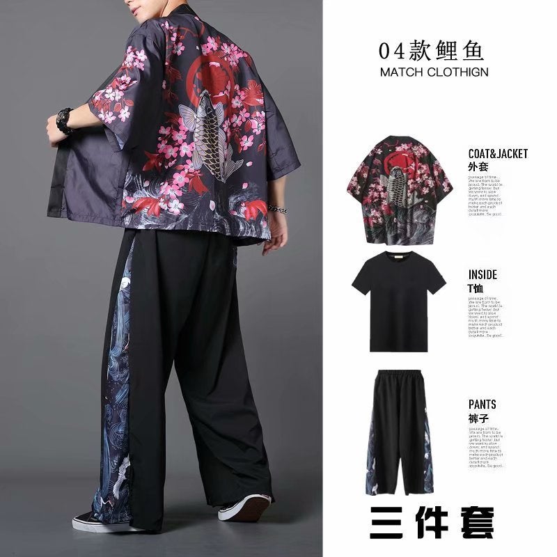 Hanfu Three-Piece Set Summer Chinese Style Robe for Men and Women Couples Fairy Style Loose Straight-Leg Wide-Leg Pants Set Class Clothes 04 carp black 3 piece set 