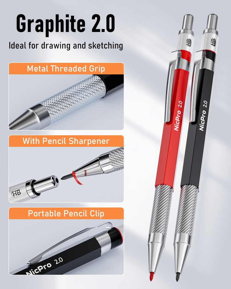 Nicpro 11 Pack Carpenter Pencil Set with Sharpener, Mechanical Carpenter Pencils with 40 Refill, Automatic Center Punch and Carbide Scribe Tool, Heavy Duty Construction Pencil for Architect-With Case - Image 3