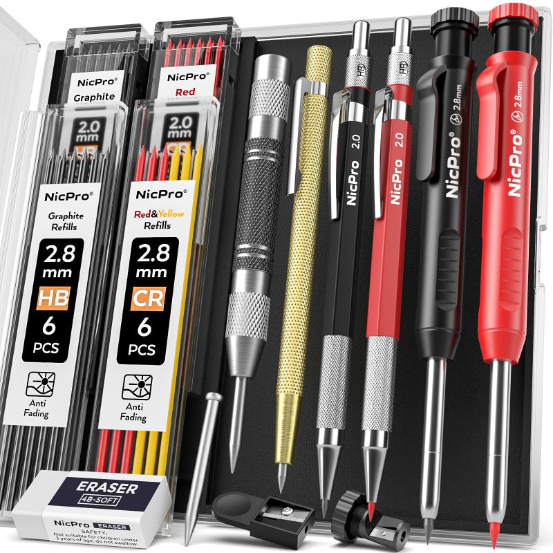 Nicpro 11 Pack Carpenter Pencil Set with Sharpener, Mechanical Carpenter Pencils with 40 Refill, Automatic Center Punch and Carbide Scribe Tool, Heavy Duty Construction Pencil for Architect-With Case - Image 1