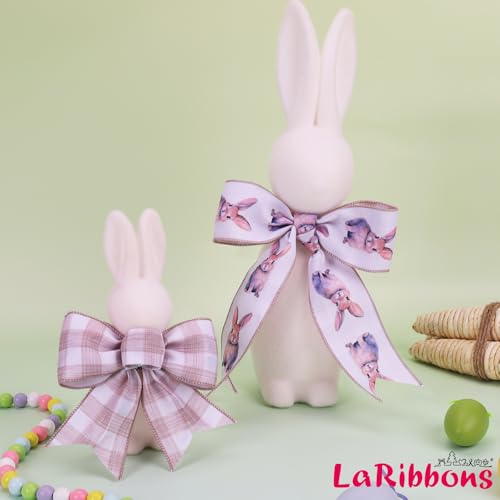 LaRibbons Easter Bunny Ribbon Wired 2.5 Inch x 12 Yards, Reversible Khaki Plaid Wired Edge Ribbon for Easter Baskets Spring Crafts Wrapping Wreath Bow DIY Decorative - Image 2