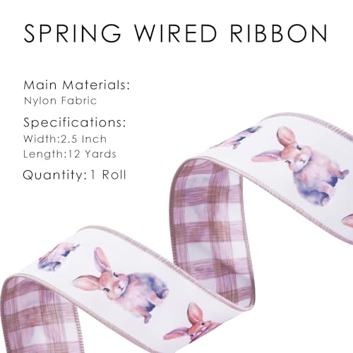 LaRibbons Easter Bunny Ribbon Wired 2.5 Inch x 12 Yards, Reversible Khaki Plaid Wired Edge Ribbon for Easter Baskets Spring Crafts Wrapping Wreath Bow DIY Decorative - Image 5