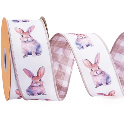 LaRibbons Easter Bunny Ribbon Wired 2.5 Inch x 12 Yards, Reversible Khaki Plaid Wired Edge Ribbon for Easter Baskets Spring Crafts Wrapping Wreath Bow DIY Decorative - Image 1