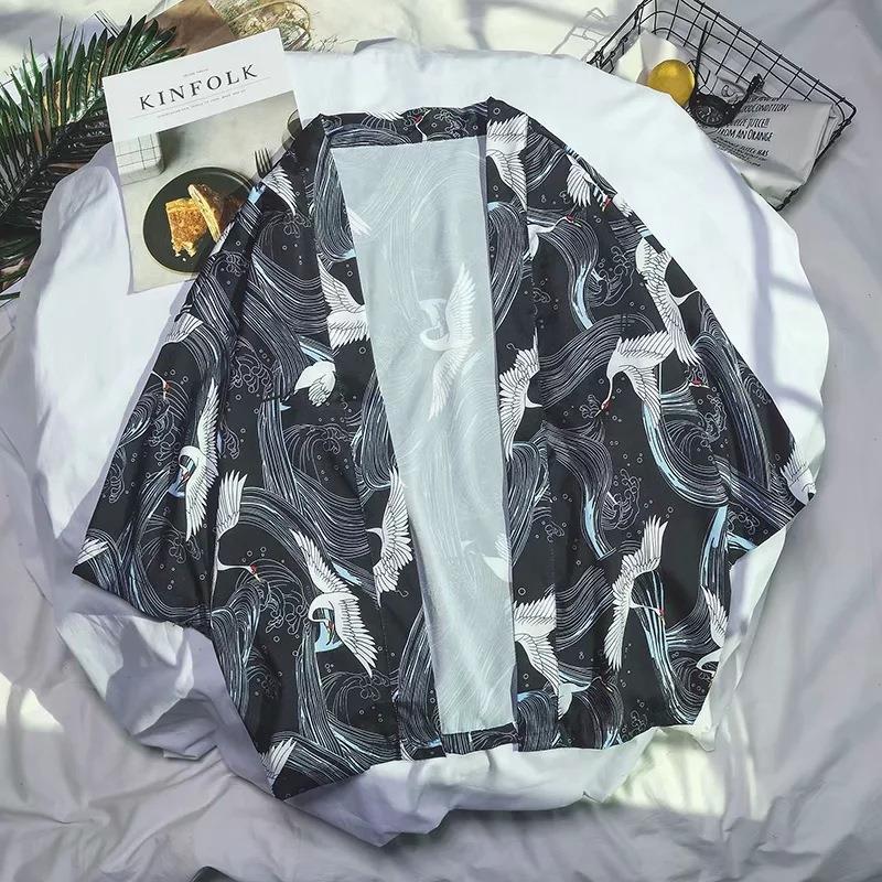 Summer Retro Crane Kimono Cardigan Crane Black